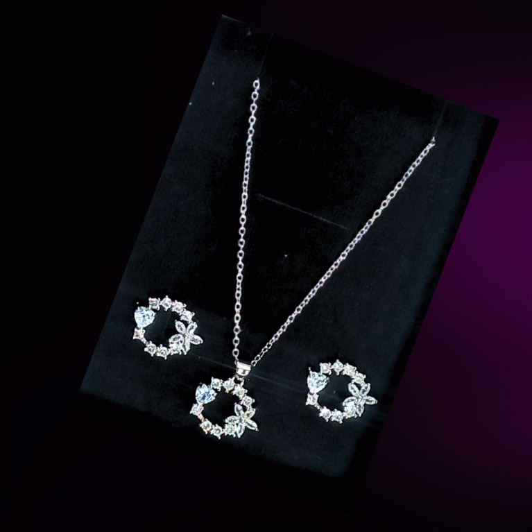 Silver Crystal Floral Ring Pendant Set