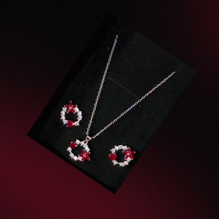 Red Crystal Floral Ring Pendant Set