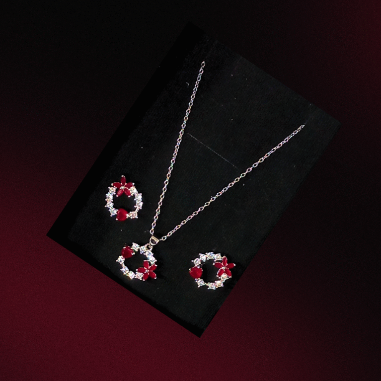 Red Crystal Floral Ring Pendant Set